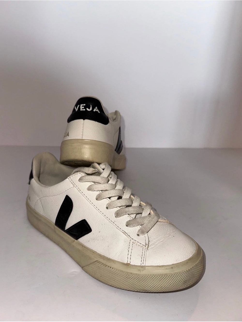 Veja White Leather Low-Top Sneakers with Black V Logo
